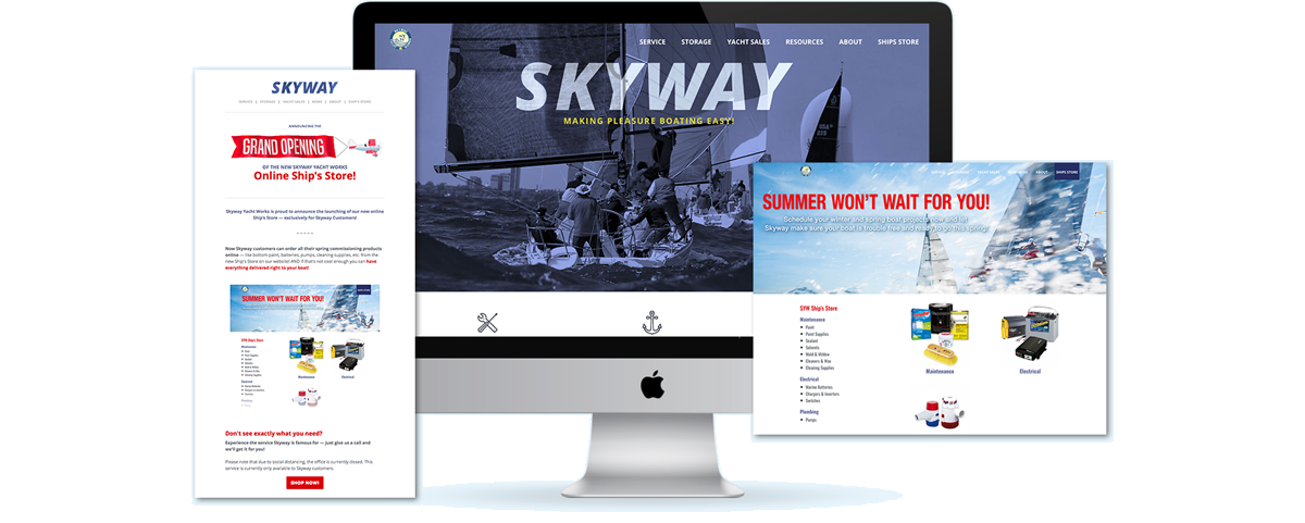 Skyway Yacht Works website and online ship’s store shown across desktop and web page layouts.